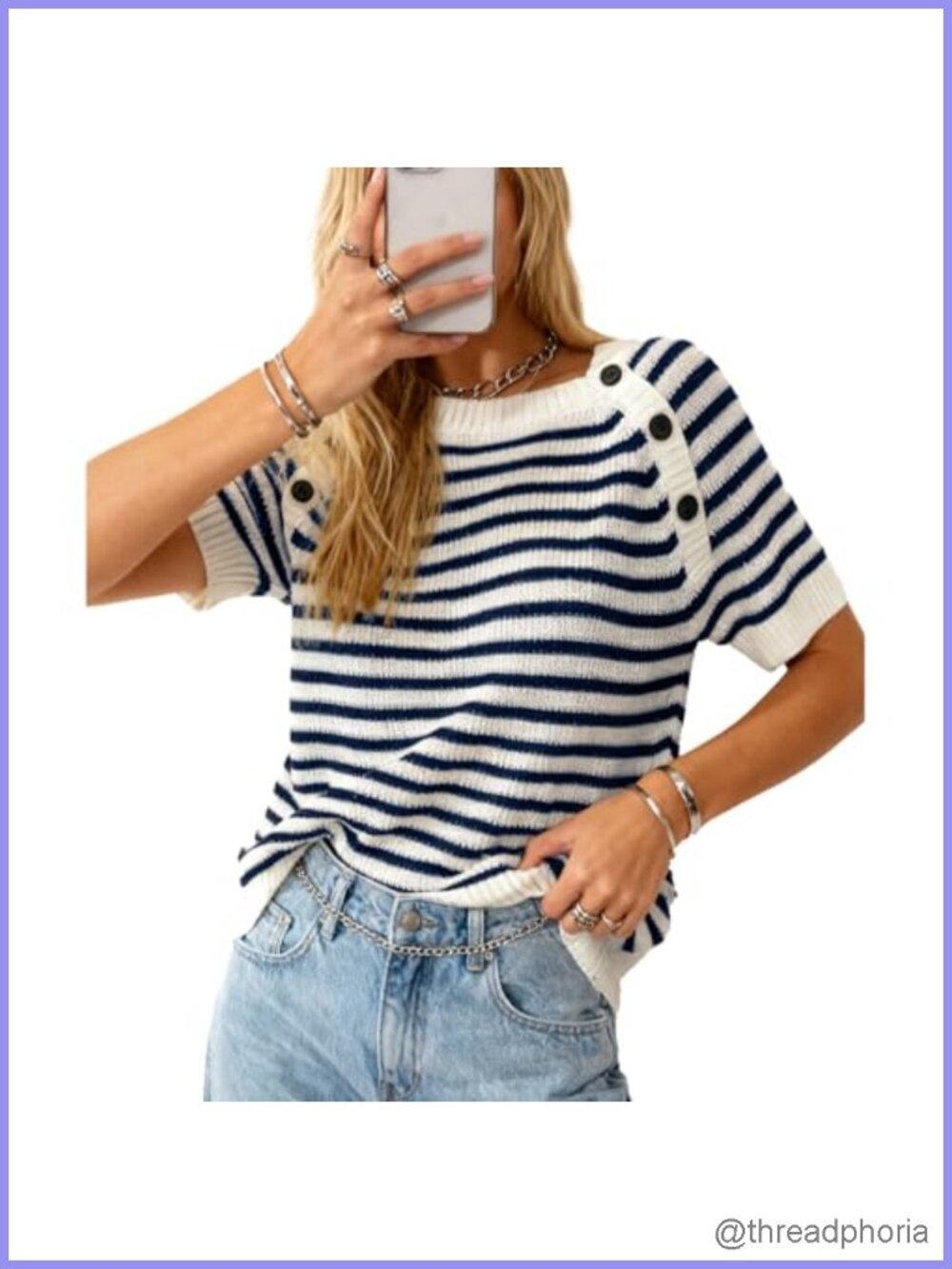 Striped Sweater Vest Short Sleeve Knit Top Button Shoulder